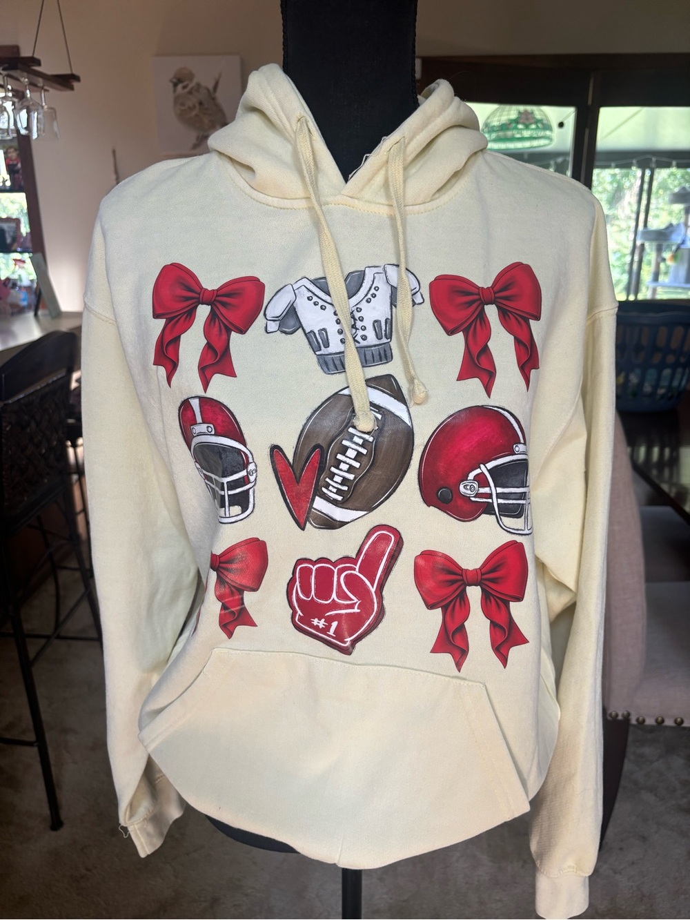 RED BOWS & FOOTBALL Graphic Yellow Hoodie Oversized Sweatshirt by RELAXX SZ M